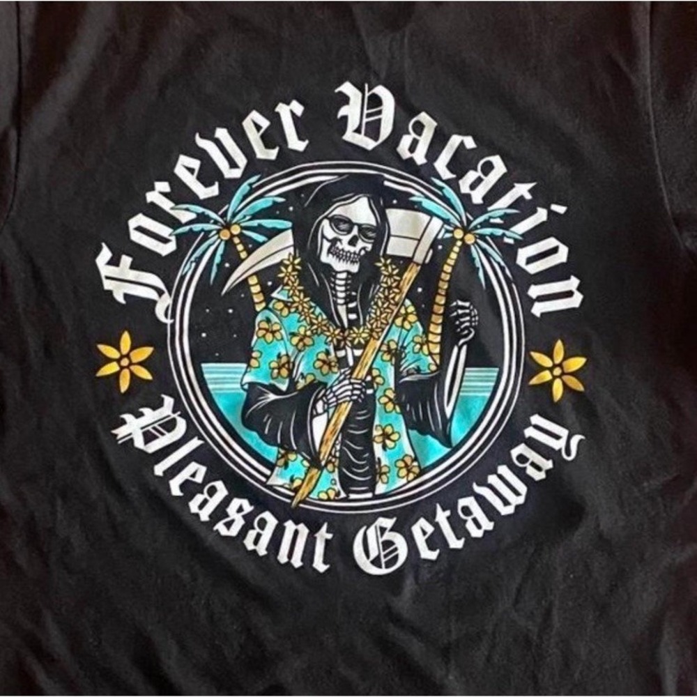Grim Reaper T Shirt Med Forever Vacation Pleasant Getaway Goth Humor